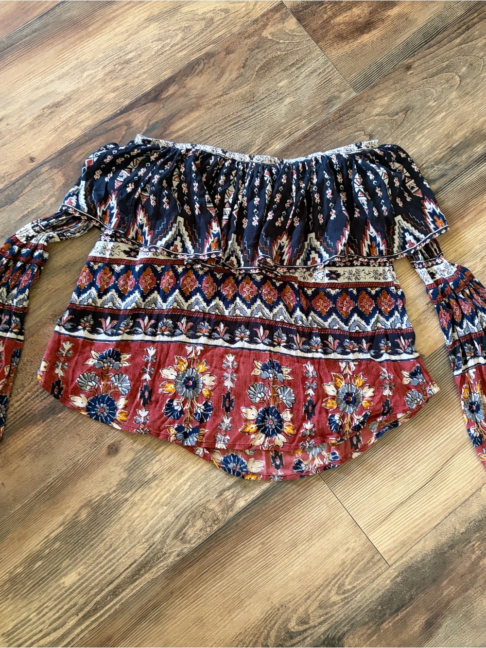 Billabong Boho Off-Shoulder Floral & Aztec Print Top in Navy and Rust